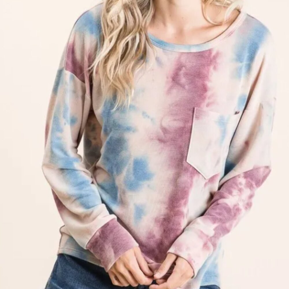 BiBi Tie Dye Print Terry Top With Front Patch Pocket Size Medium NEW